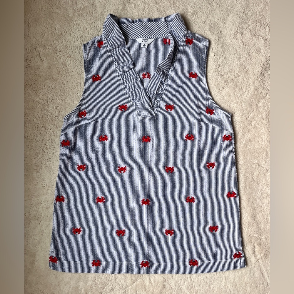 crown & ivy Blue and White Striped Sleeveless Blouse with Red Crab Embroidery - Picture 3 of 8